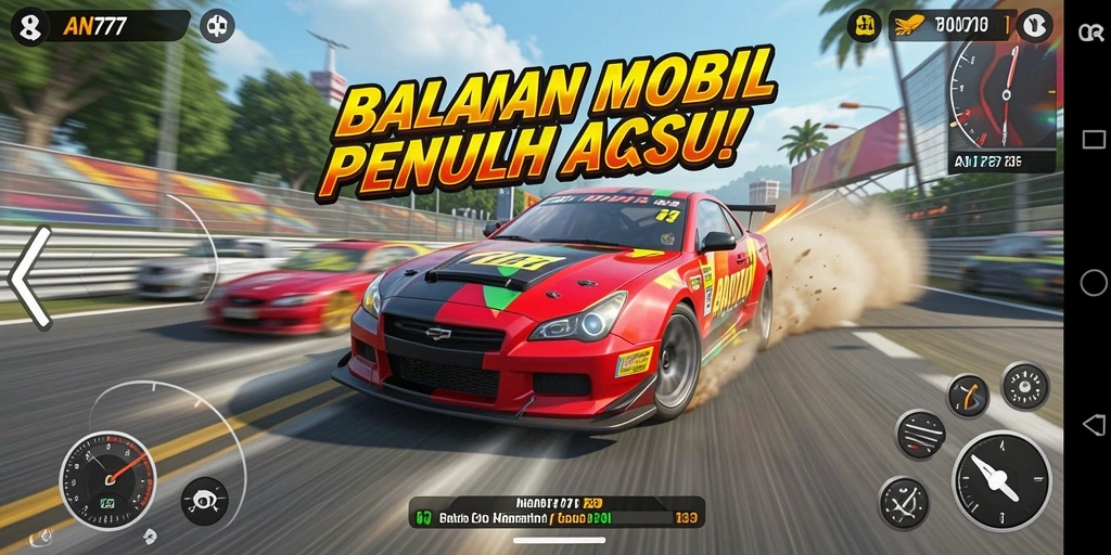 Screenshot AN777 menampilkan aksi balapan mobil yang mendebarkan di lintasan.