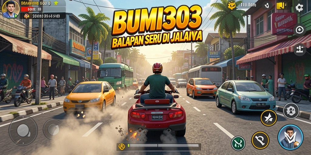 Gameplay balapan BUMI303 yang mendebarkan di trek.