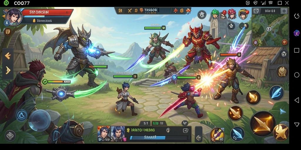 Screenshot gameplay COO77 dengan pertempuran epik dan pembangunan kerajaan.