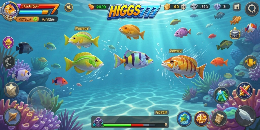 Screenshot HIGGS777 menampilkan aksi menembak ikan yang seru dan penuh warna.