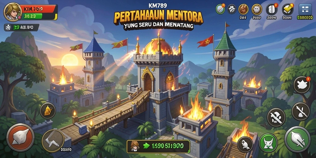Tampilan gameplay KM789 yang menegangkan dengan aksi menara bertahan.