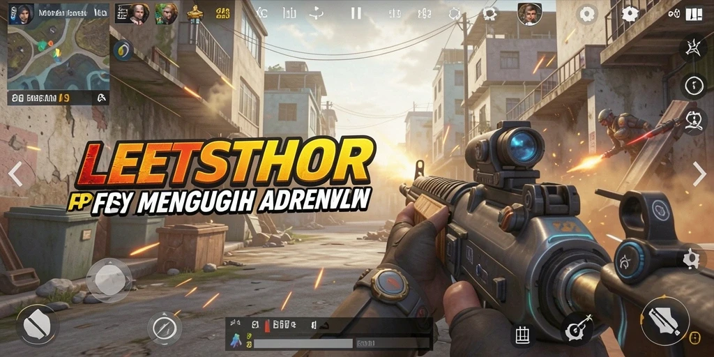 Screenshot dari gameplay intens di LETSTHOR dengan aksi tembak-menembak yang seru.