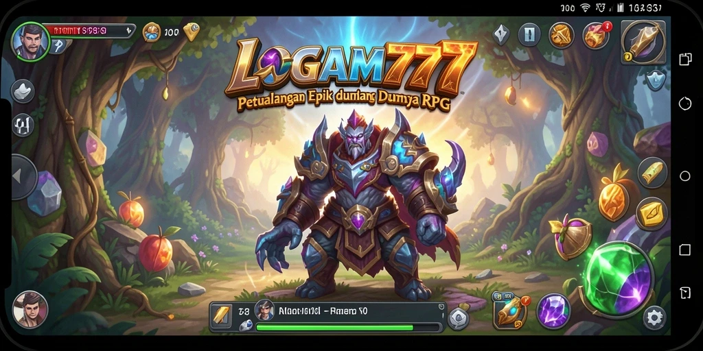 Tampilan gameplay LOGAM777 dengan karakter heroik dan pertarungan seru.