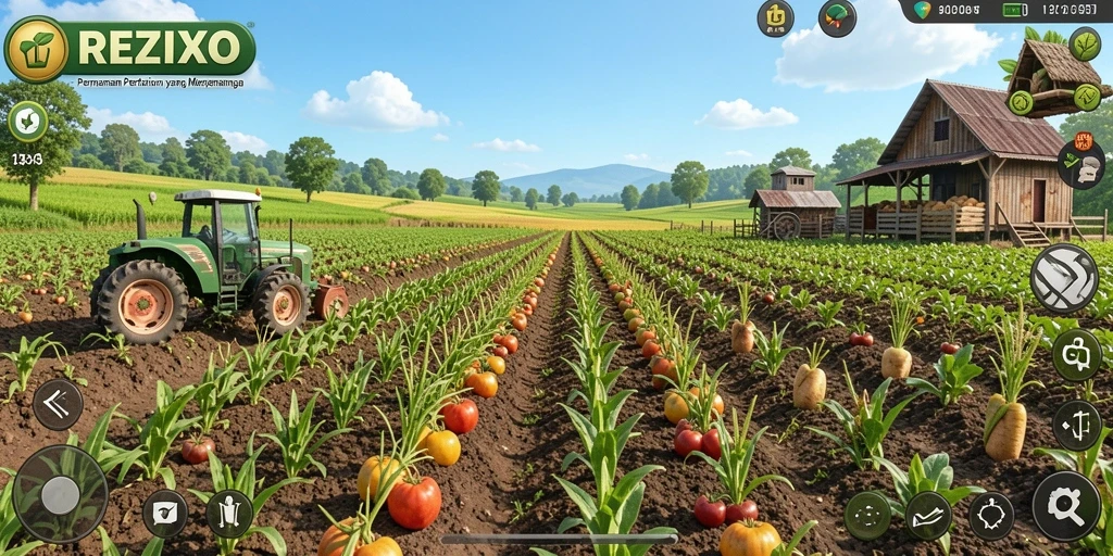 Screenshot gameplay REZIXO menunjukkan keindahan lahan pertanian yang dikelola dengan baik.